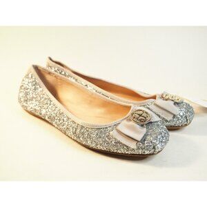 Kate Spade Silver Glitter Ballet Flats W/ Gray Grosgrain Ribbon Bow, Size 8 (US)